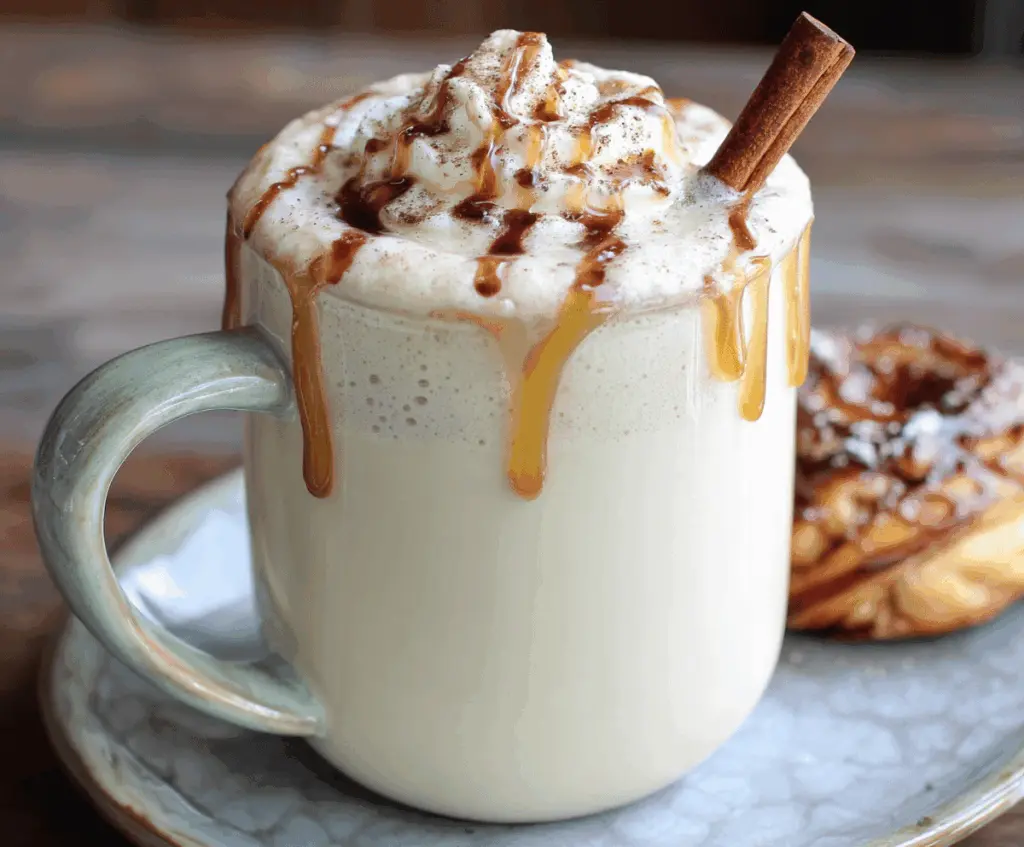 Creamy cinnamon bun white hot chocolate topped with whipped cream and cinnamon powder.