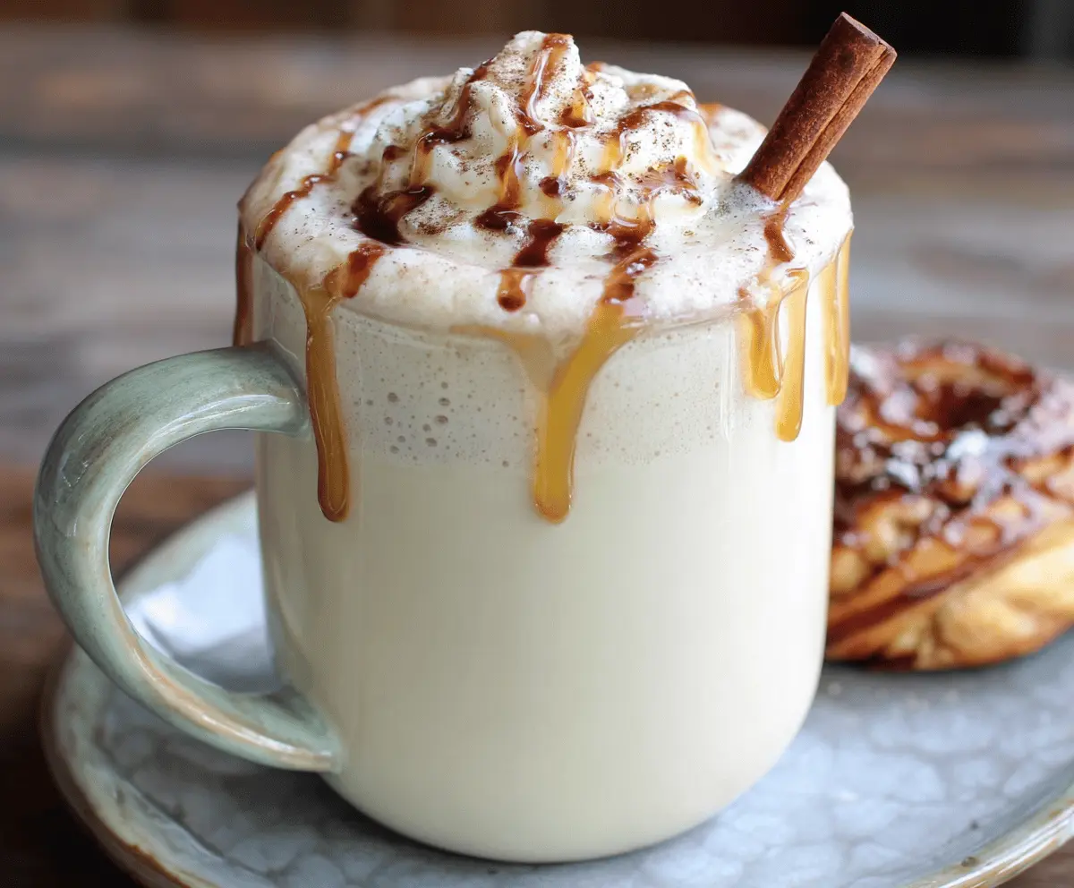 Creamy cinnamon bun white hot chocolate topped with whipped cream and cinnamon powder.