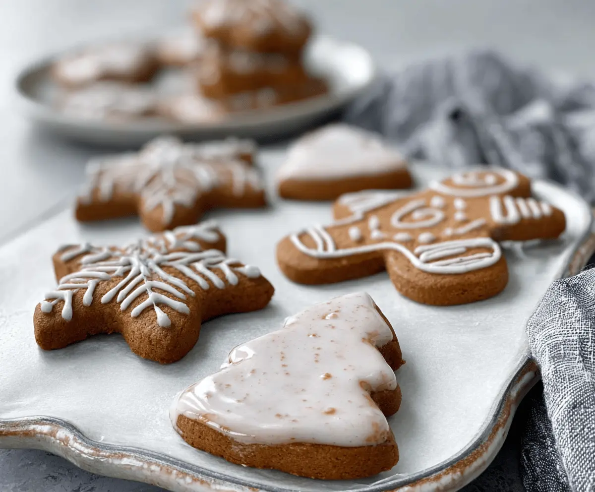 Delicious cinnamon iced gingerbread cookies with festive icing decorating a holiday tray.