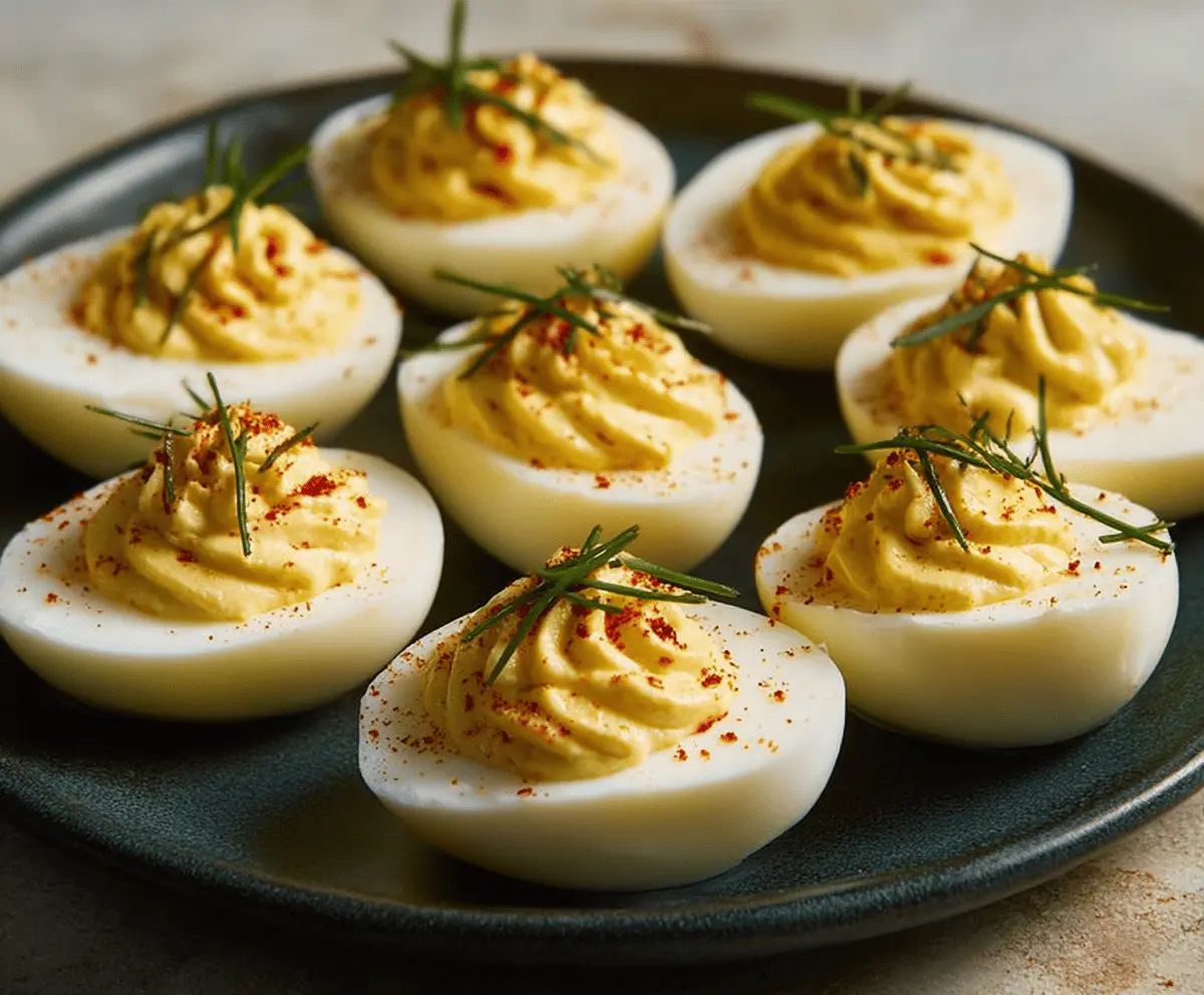 Delicious classic deviled eggs on a platter, garnished with paprika and fresh herbs.
