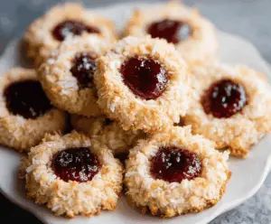 Delicious coconut raspberry thumbprint cookies with a golden crust and vibrant raspberry filling.