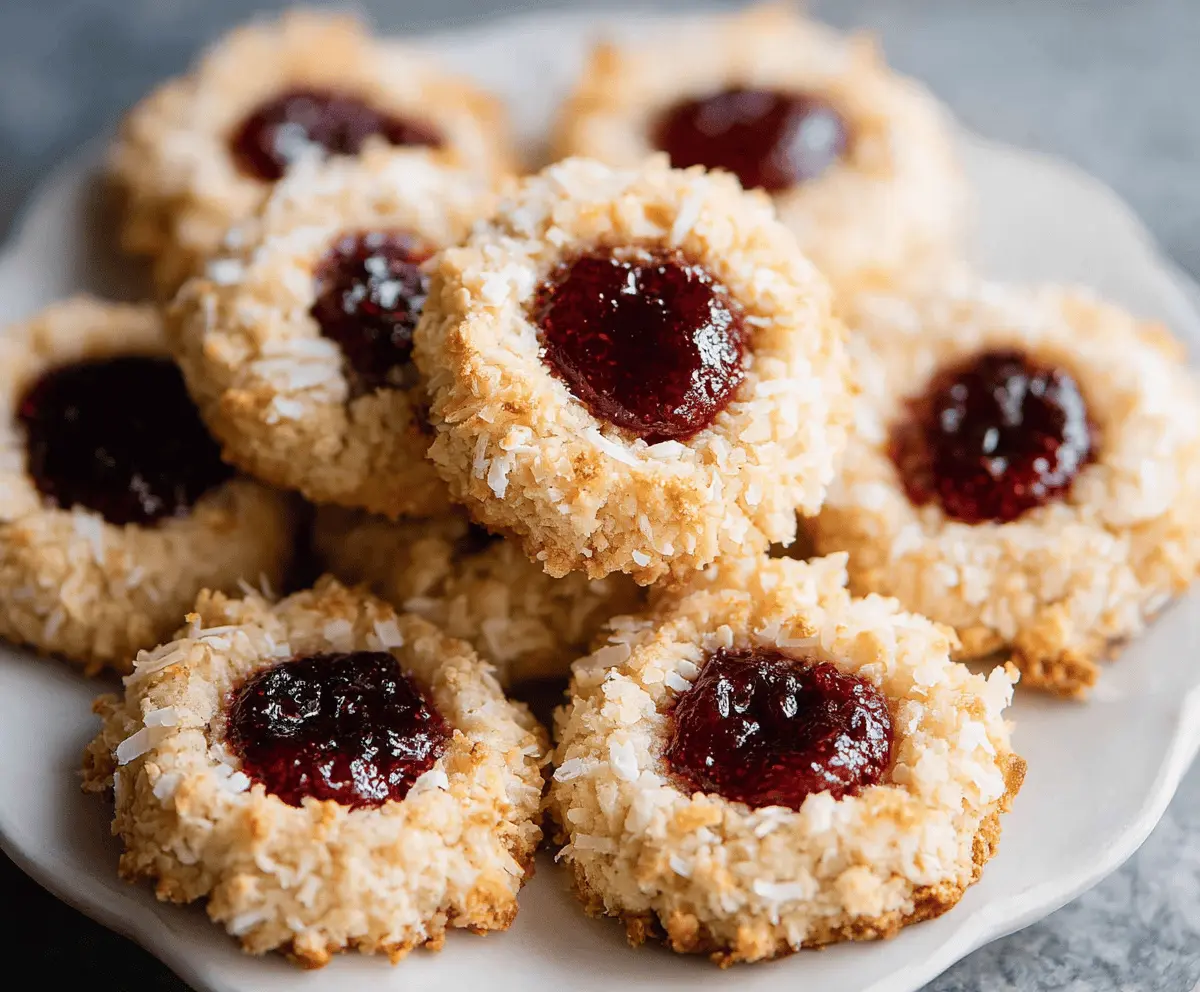 Delicious coconut raspberry thumbprint cookies with a golden crust and vibrant raspberry filling.