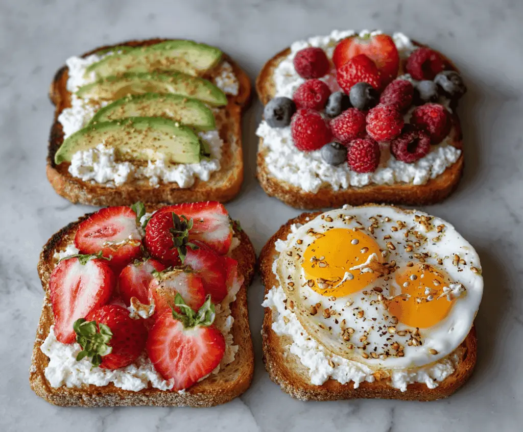 Creamy cottage cheese spread on whole grain toast topped with fresh herbs for a healthy breakfast.