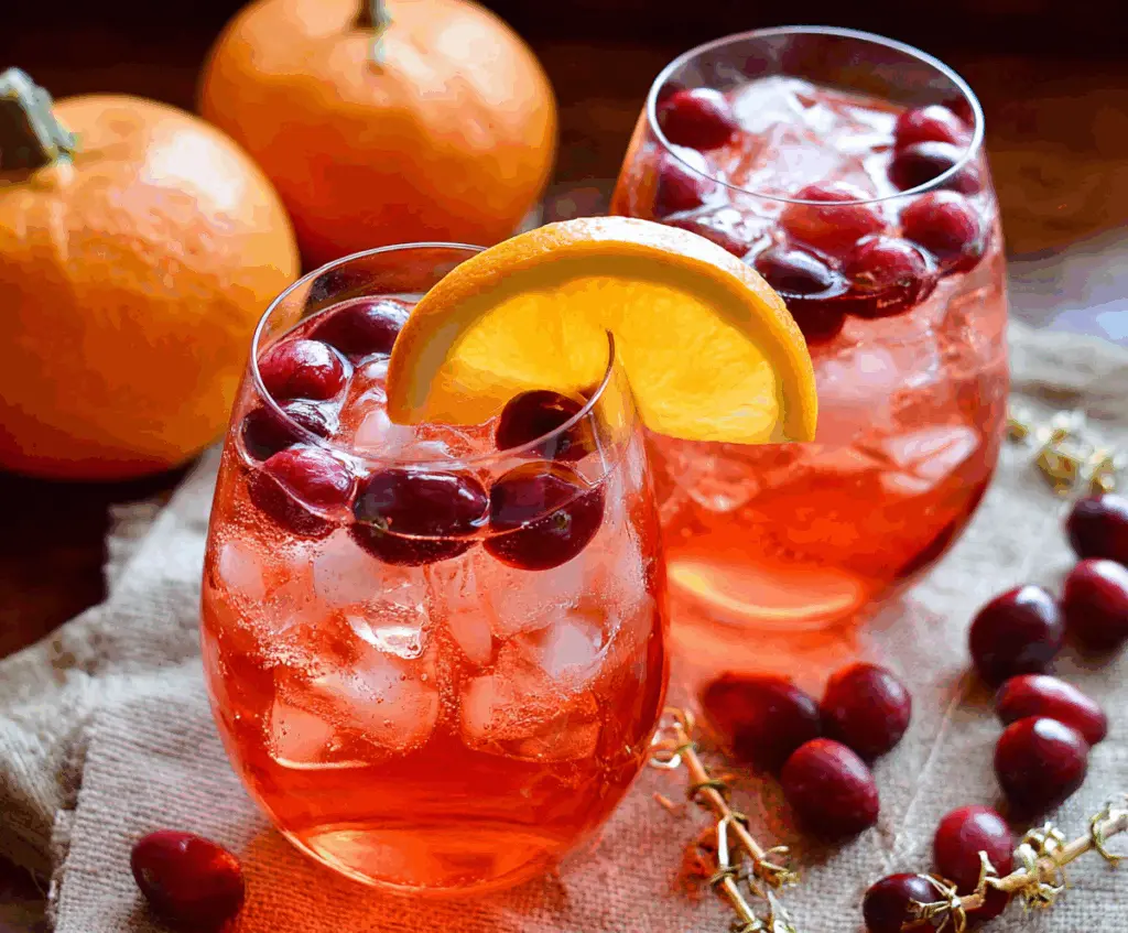 Refreshing Cranberry Aperol Spritz cocktail with fresh cranberries and orange slice garnishes
