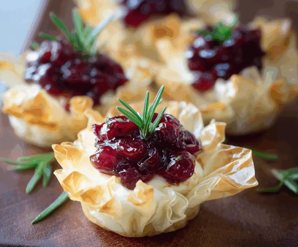 Delicious Cranberry Brie Phyllo Cups garnished with fresh herbs and served on a white platter.