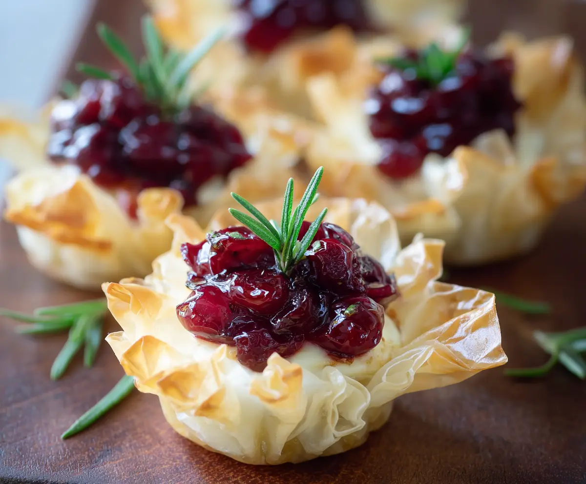 Delicious Cranberry Brie Phyllo Cups garnished with fresh herbs and served on a white platter.