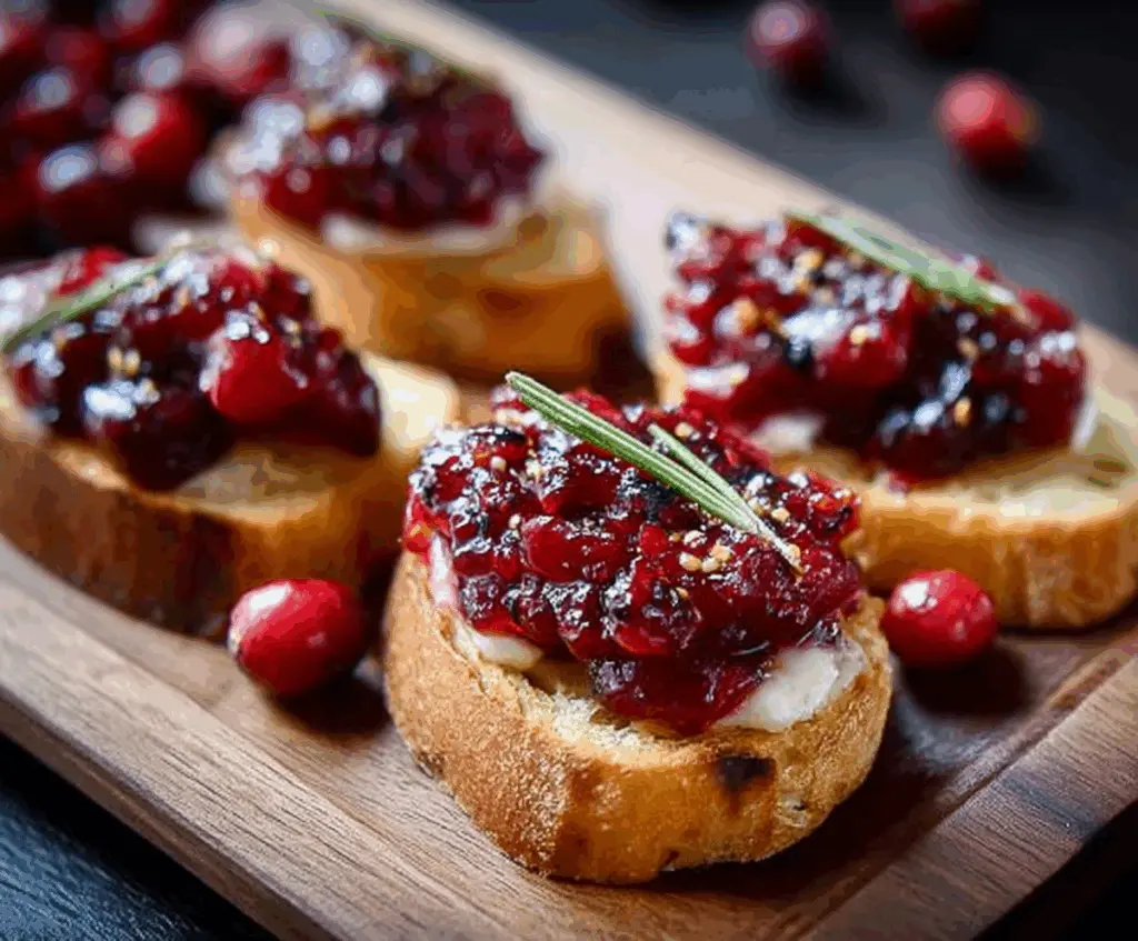 Delicious Cranberry Chutney Crostini topped with fresh herbs, perfect for holiday appetizers.