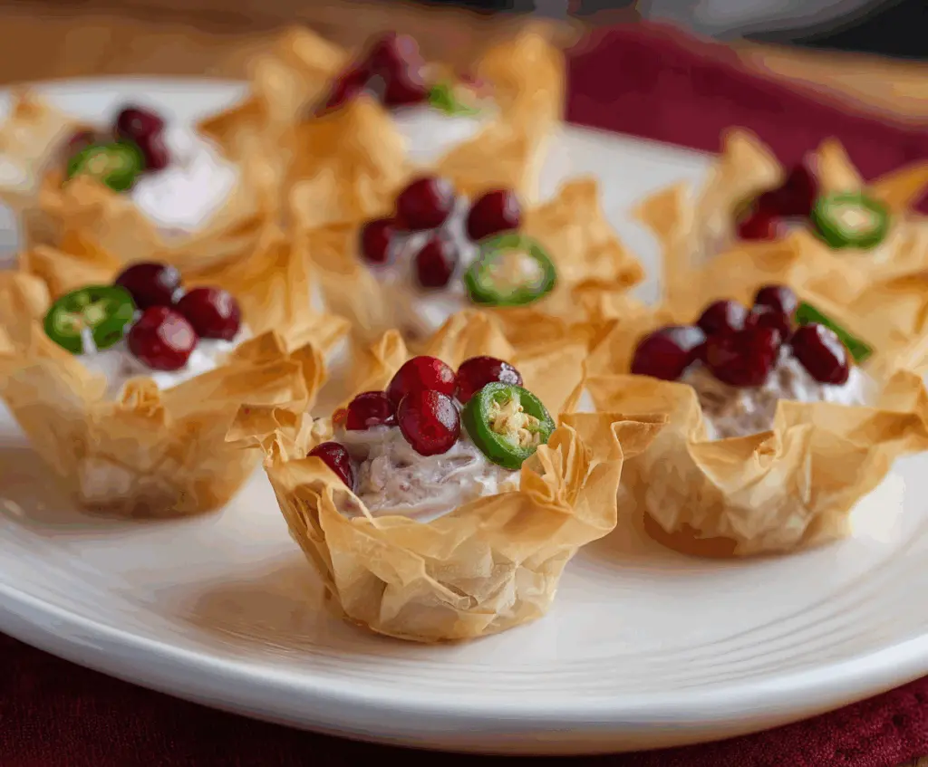 Cranberry Jalapeno Phyllo Cups appetizer with vibrant red cranberries and spicy jalapenos in flaky pastry cups.