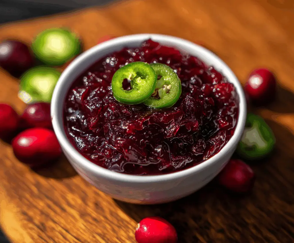 Spicy cranberry jalapeño sauce in a glass bowl with fresh cranberries and jalapeños.
