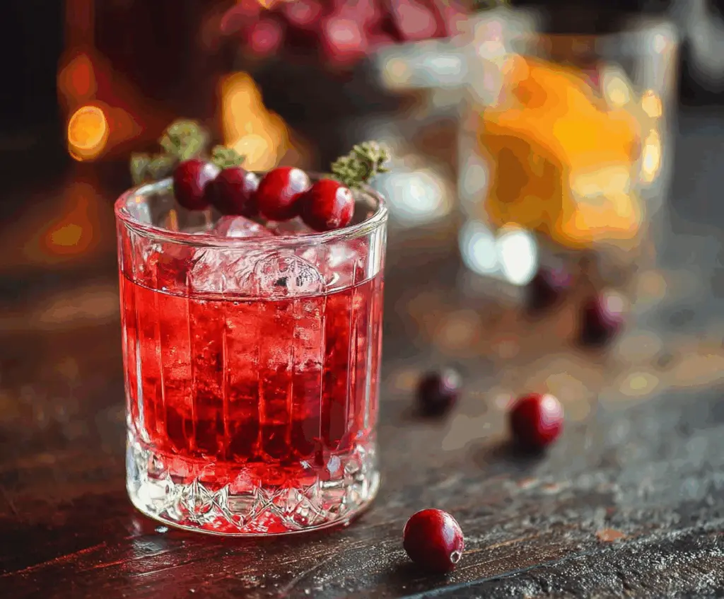 Elegant Cranberry Negroni cocktail garnished with fresh cranberries and orange peel.