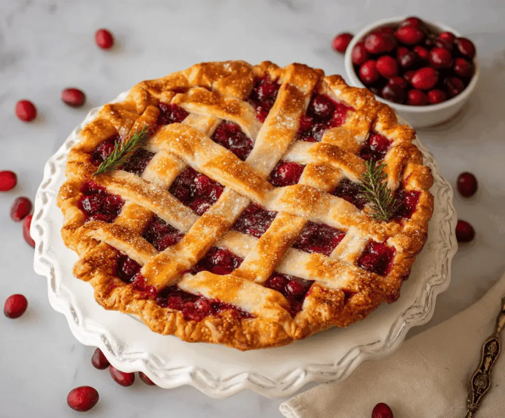 Delicious homemade cranberry pie garnished with fresh cranberries and a flaky crust.