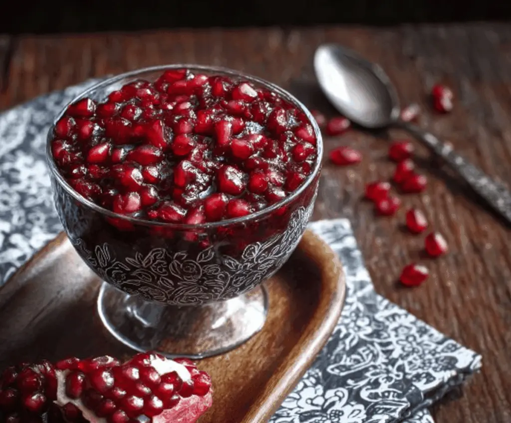 Delicious cranberry pomegranate sauce served in a glass bowl, perfect for holiday celebrations.