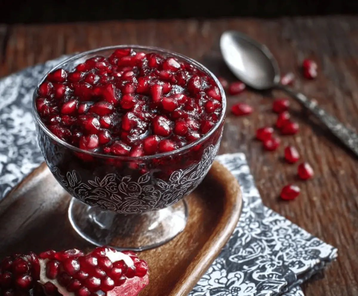 Delicious cranberry pomegranate sauce served in a glass bowl, perfect for holiday celebrations.