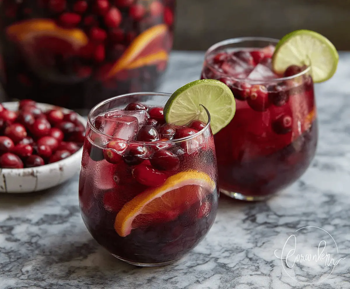 Refreshing cranberry sangria cocktail with fresh berries and citrus slices in a glass pitcher.