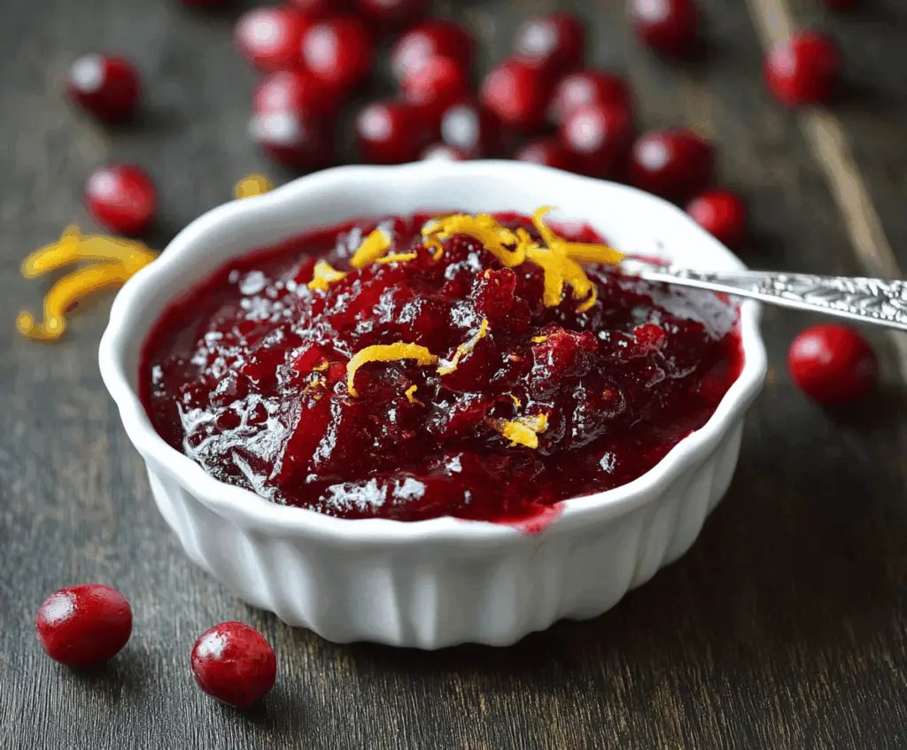 Delicious cranberry vanilla sauce served in a bowl, perfect for desserts and holiday meals.