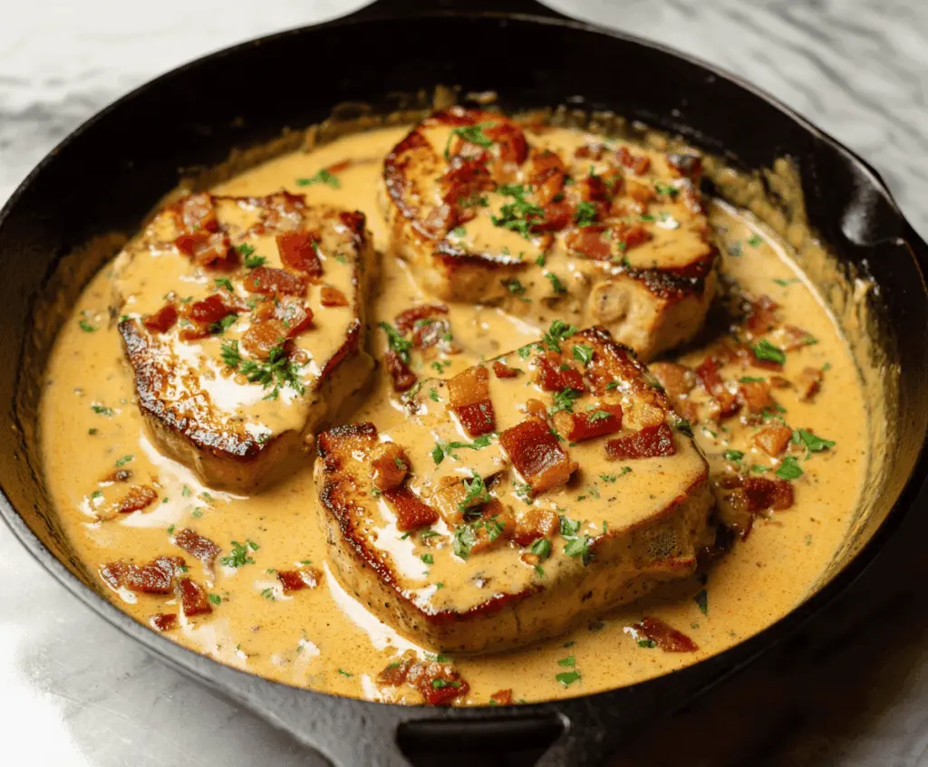 Delicious creamy bacon pork chops served on a plate with herbs