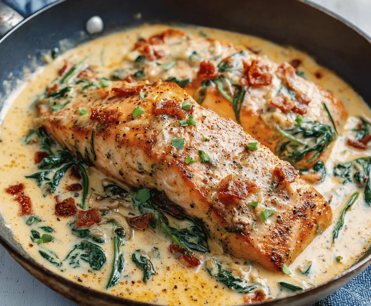 Creamy garlic Tuscan salmon served with fresh herbs and a lemon wedge.