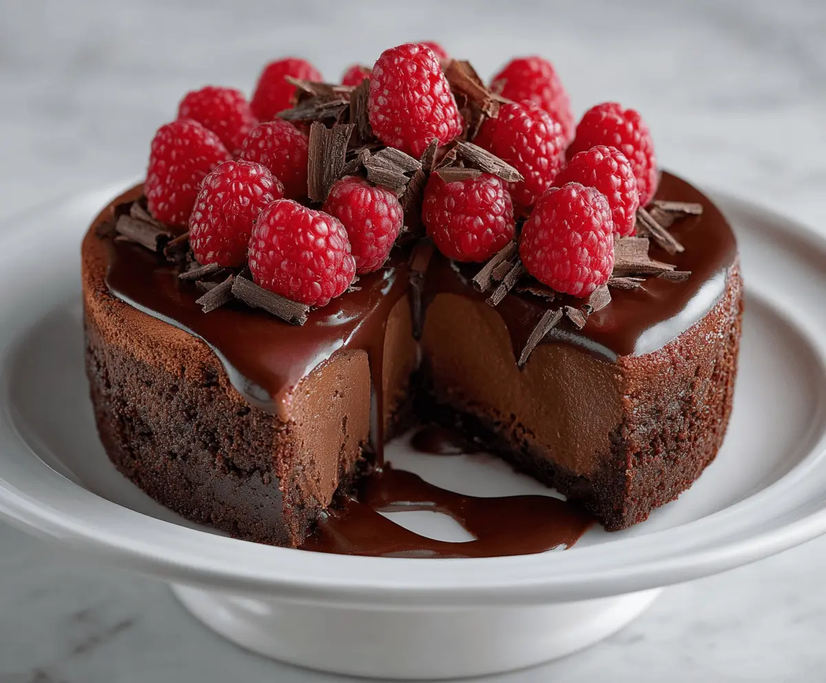 Creamy dark chocolate raspberry cheesecake topped with fresh raspberries and a drizzle of chocolate.