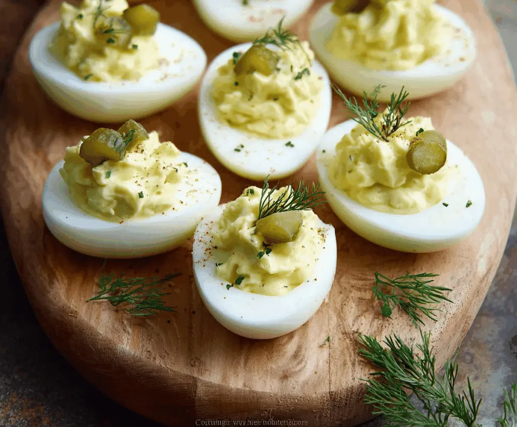 Delicious Dill Pickle Deviled Eggs garnished with fresh herbs for a savory appetizer.