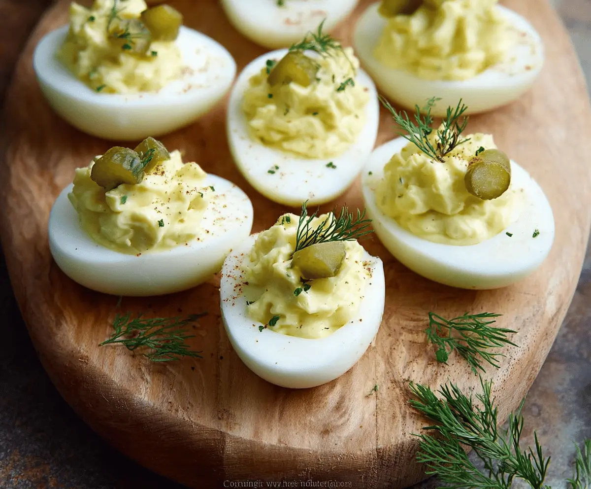 Delicious Dill Pickle Deviled Eggs garnished with fresh herbs for a savory appetizer.