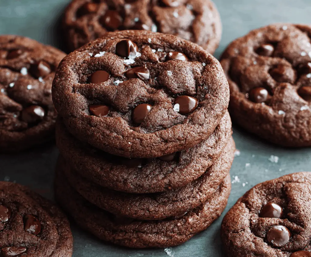 Delicious double chocolate chip cookies with gooey chocolate chunks on a rustic wooden table.