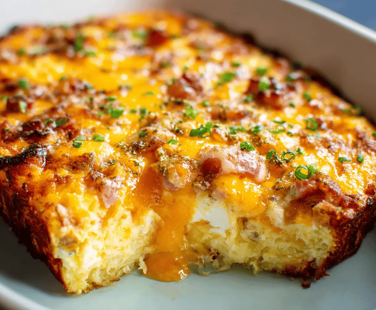 Delicious Egg and Hashbrown Casserole featuring melted cheese and crispy hashbrowns, perfect for breakfast or brunch.