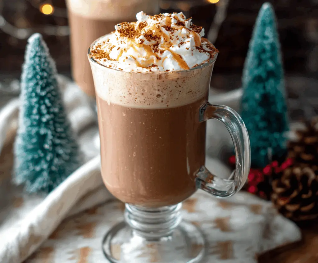 Creamy Eggnog Hot Chocolate topped with whipped cream and nutmeg in a cozy mug