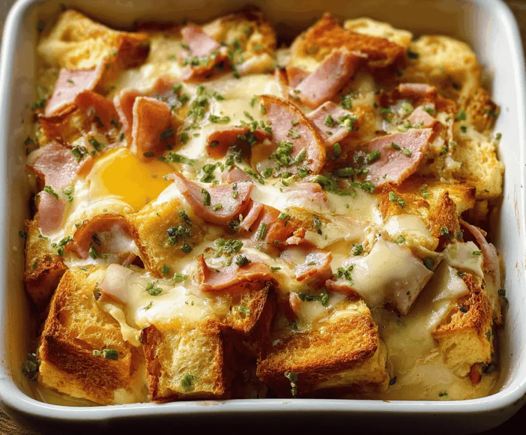 Delicious Eggs Benedict Casserole with poached eggs, hollandaise sauce, and fresh herbs served in a baking dish.