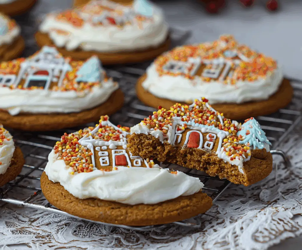 Frosted gingerbread cookies decorated with white icing and holiday sprinkles on a festive plate