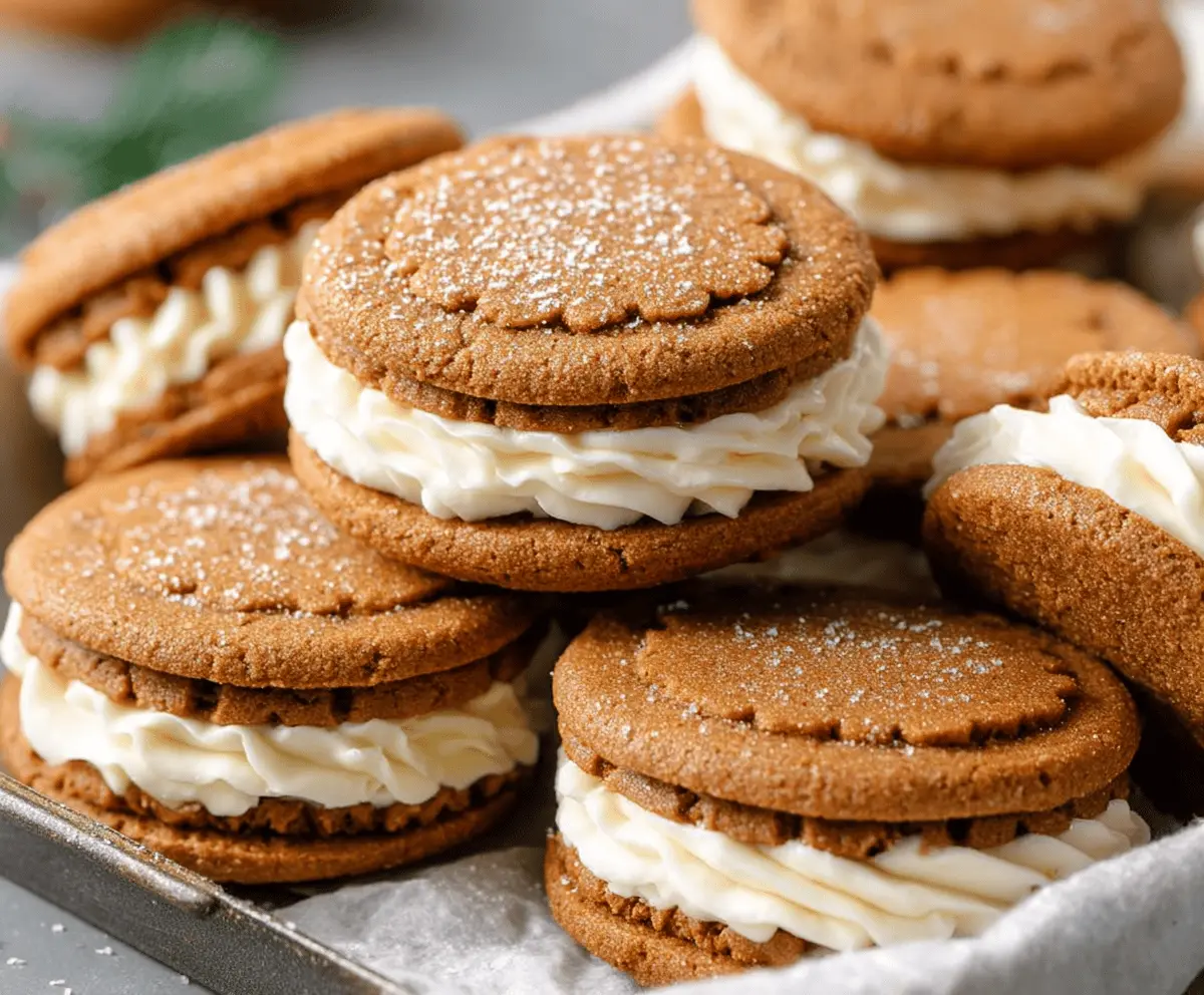 Homemade gingerbread sandwich cookies with creamy filling, perfect for holiday treats.