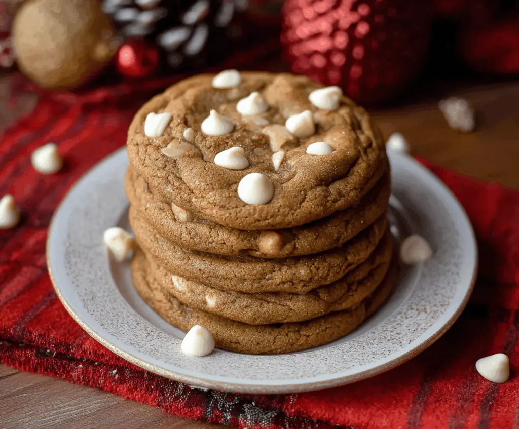Delicious gingerbread cookies with white chocolate chips on a festive plate.
