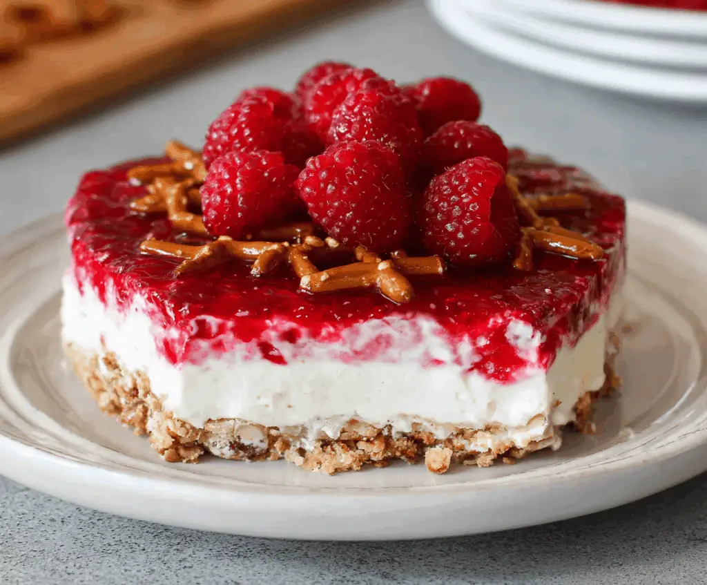 Delicious gluten-free raspberry pretzel salad garnished with fresh raspberries and mint.