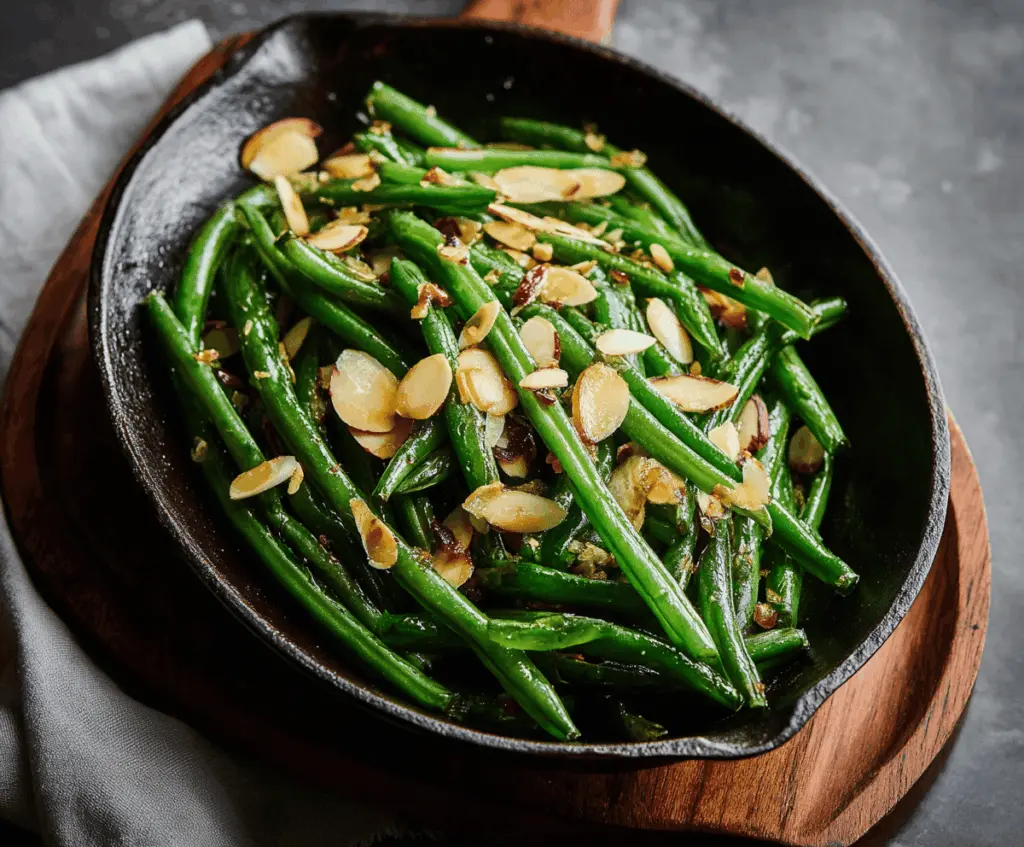 Fresh green beans almondine with toasted almonds and lemon zest on a white plate.