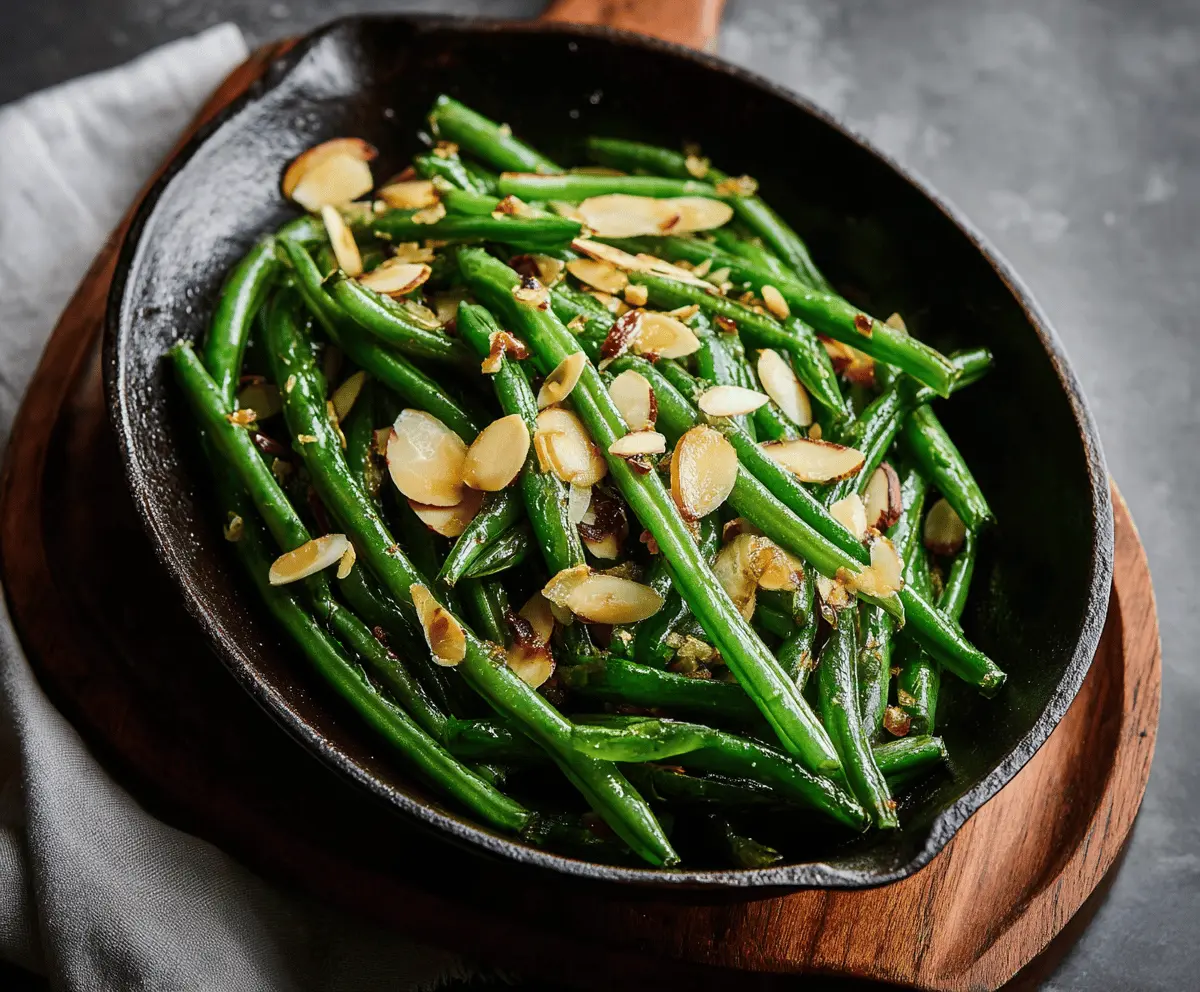 Fresh green beans almondine with toasted almonds and lemon zest on a white plate.