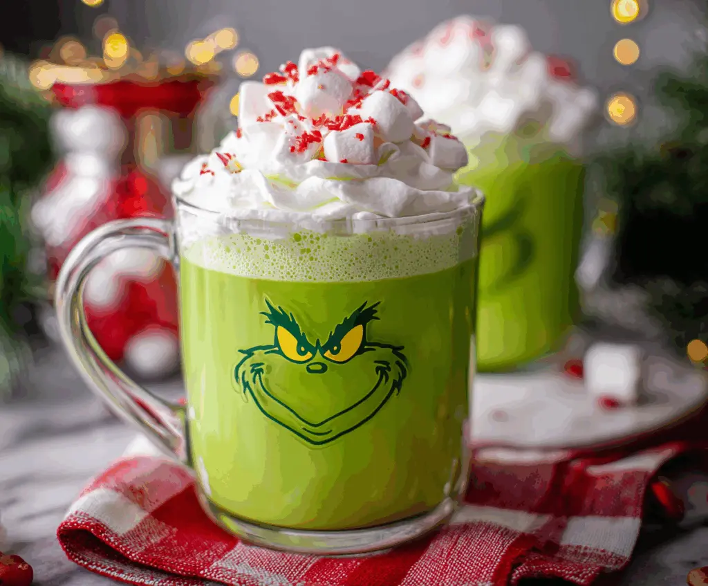 Festive Grinch Hot Chocolate with green whipped cream and candy decorations