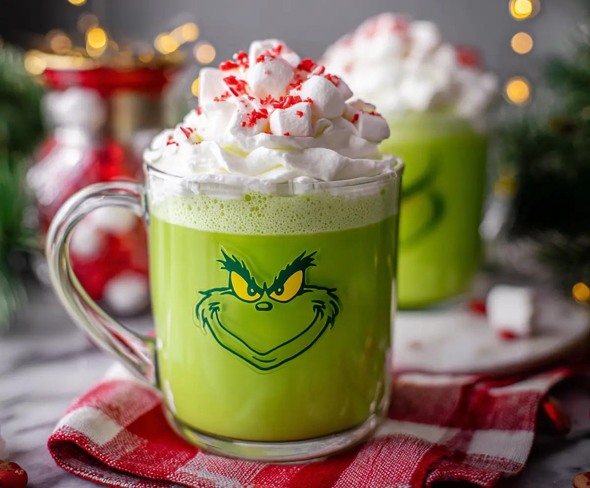 Festive Grinch Hot Chocolate with green whipped cream and candy decorations