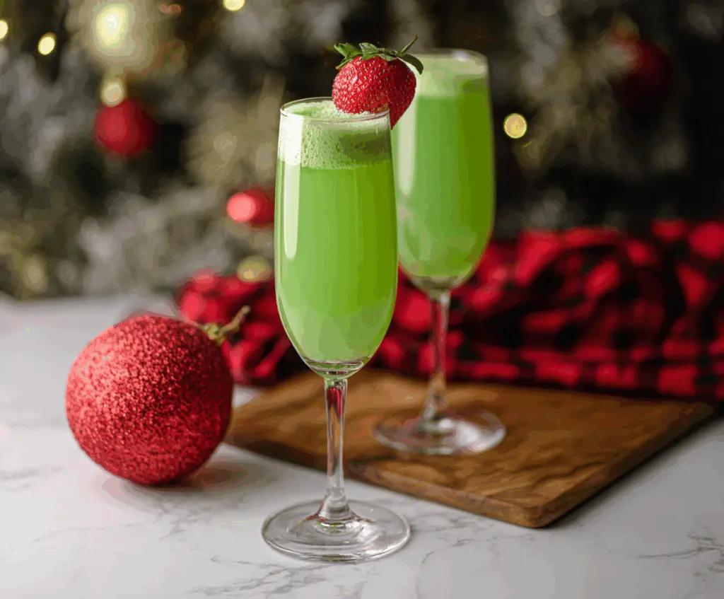 Festive Grinch Mimosa with green hue and fresh citrus slices for holiday brunch