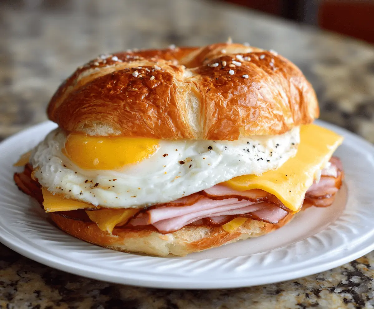 Delicious ham, egg, and cheese breakfast sandwich on a toasted bun for a hearty morning meal.