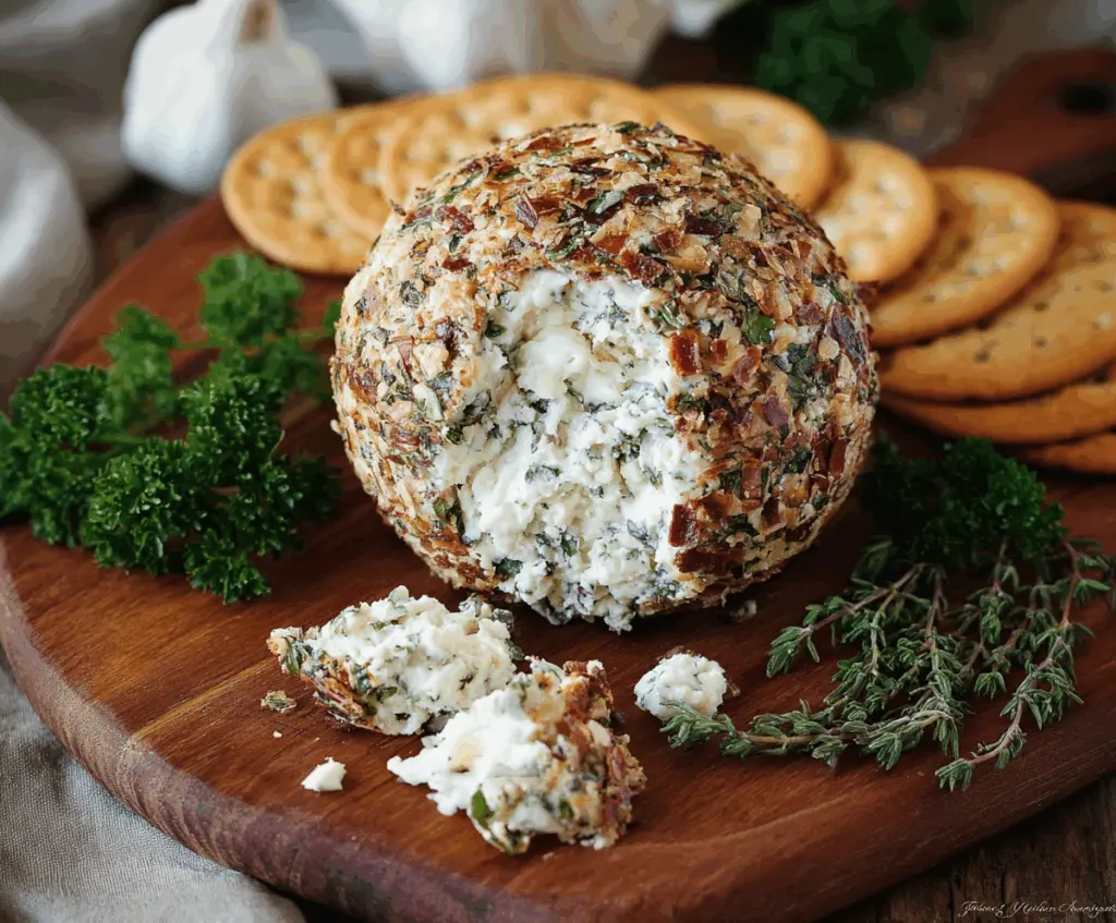 Delicious Herb and Garlic Cheese Ball modeled with fresh herbs and shredded cheese for a savory appetizer.