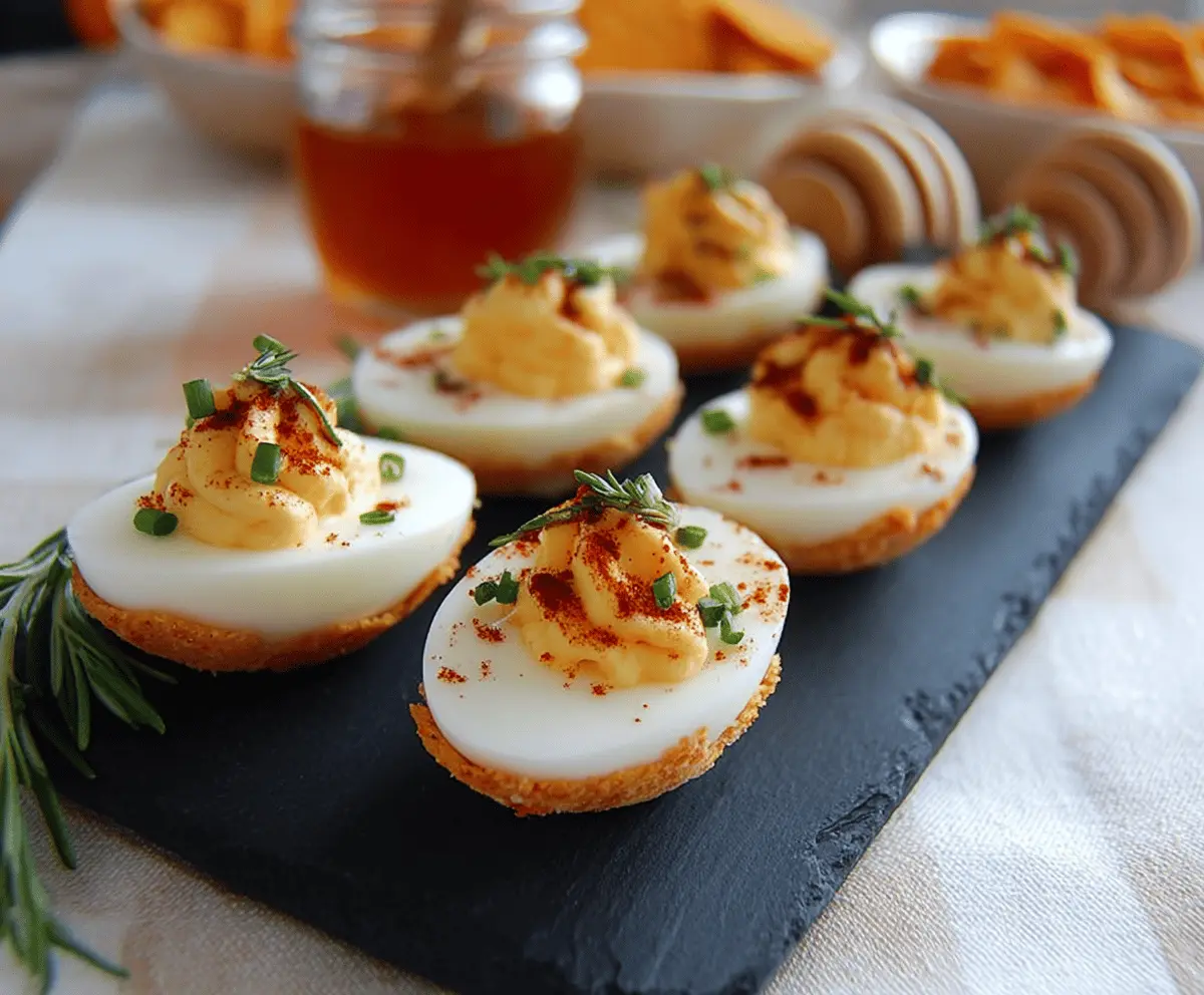 Delicious Hot Honey Deviled Eggs topped with a drizzle of fiery honey and garnished with fresh herbs.