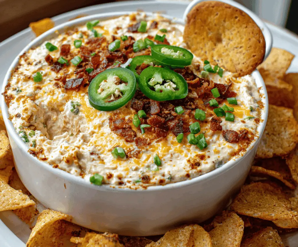 Creamy Jalapeño Popper Dip topped with melted cheese and crispy bacon for a spicy appetizer.