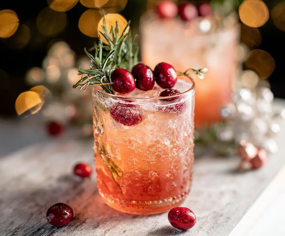 A festive Kris Kringle's Jingle Batch Cocktail garnished with cherries and mint on a holiday table.
