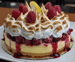 Delicious Lemon Raspberry Meringue Cheesecake with fresh raspberries and fluffy meringue topping