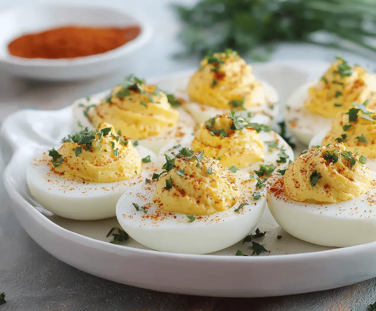 Appetizing low-carb deviled eggs garnished with fresh herbs on a white plate