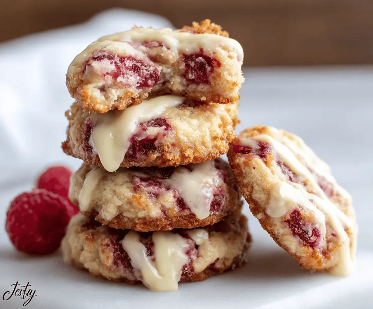 Delicious low carb raspberry cheesecake cookies on a white plate with fresh raspberries
