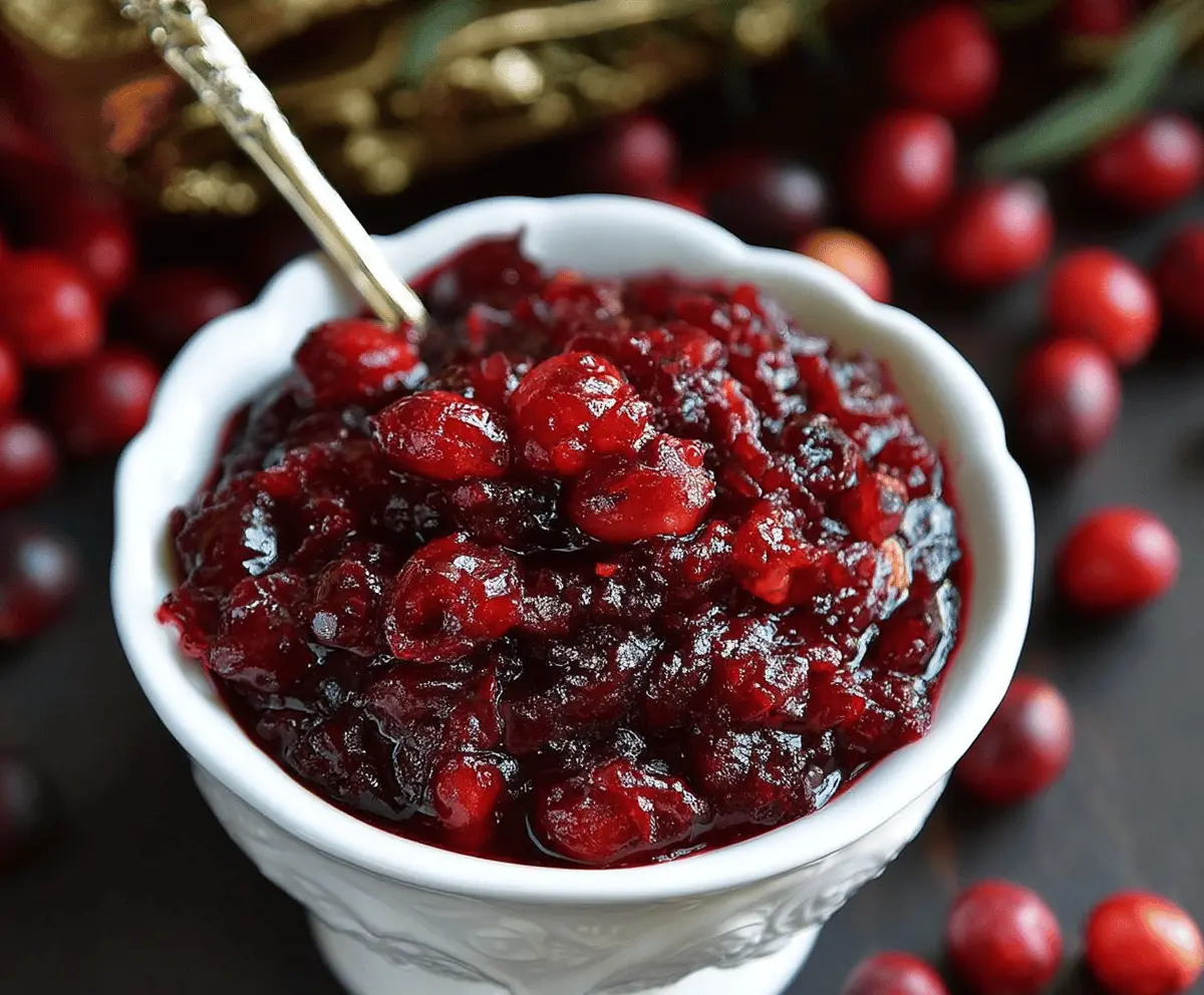 Close-up of a bowl of homemade Maple Cranberry Sauce garnished with fresh cranberries and a sprig of rosemary.