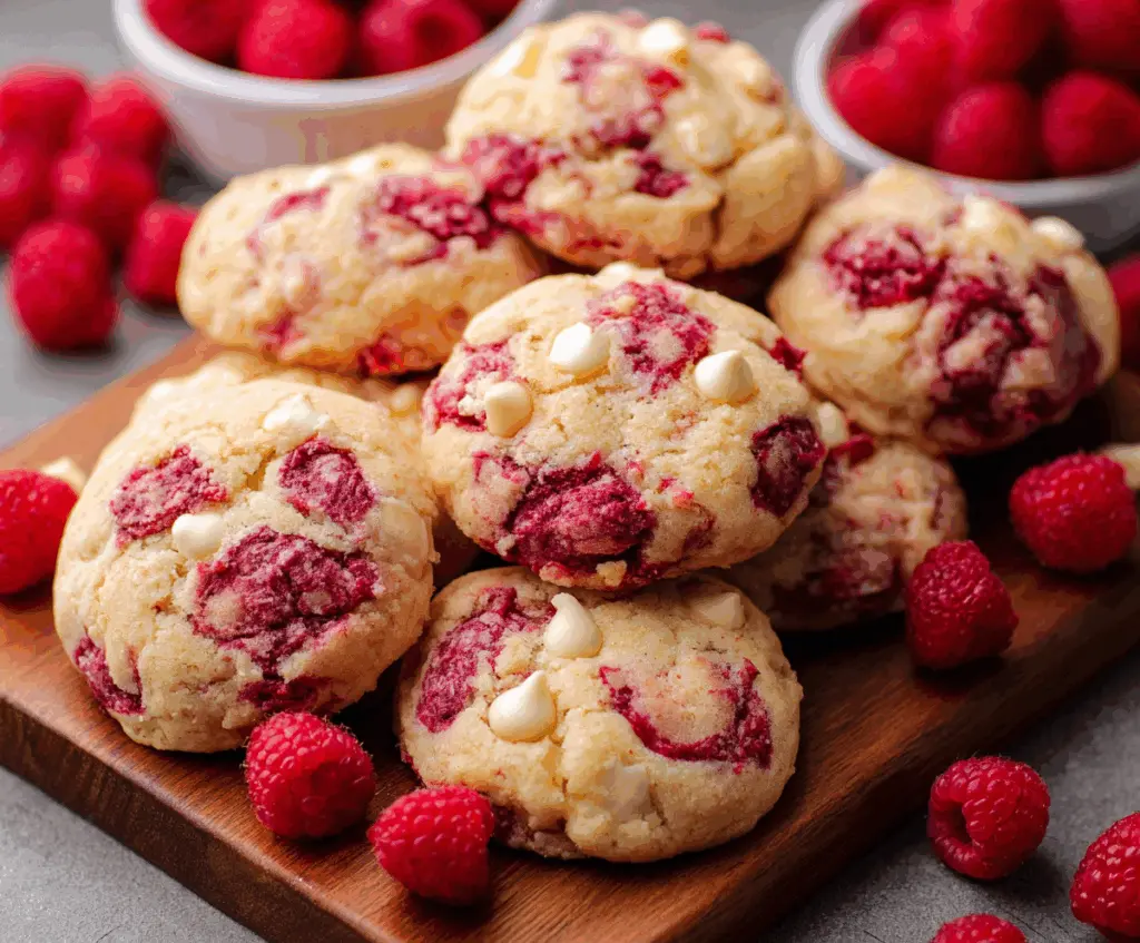 Delicious moist raspberry cookies on a white plate with fresh raspberries