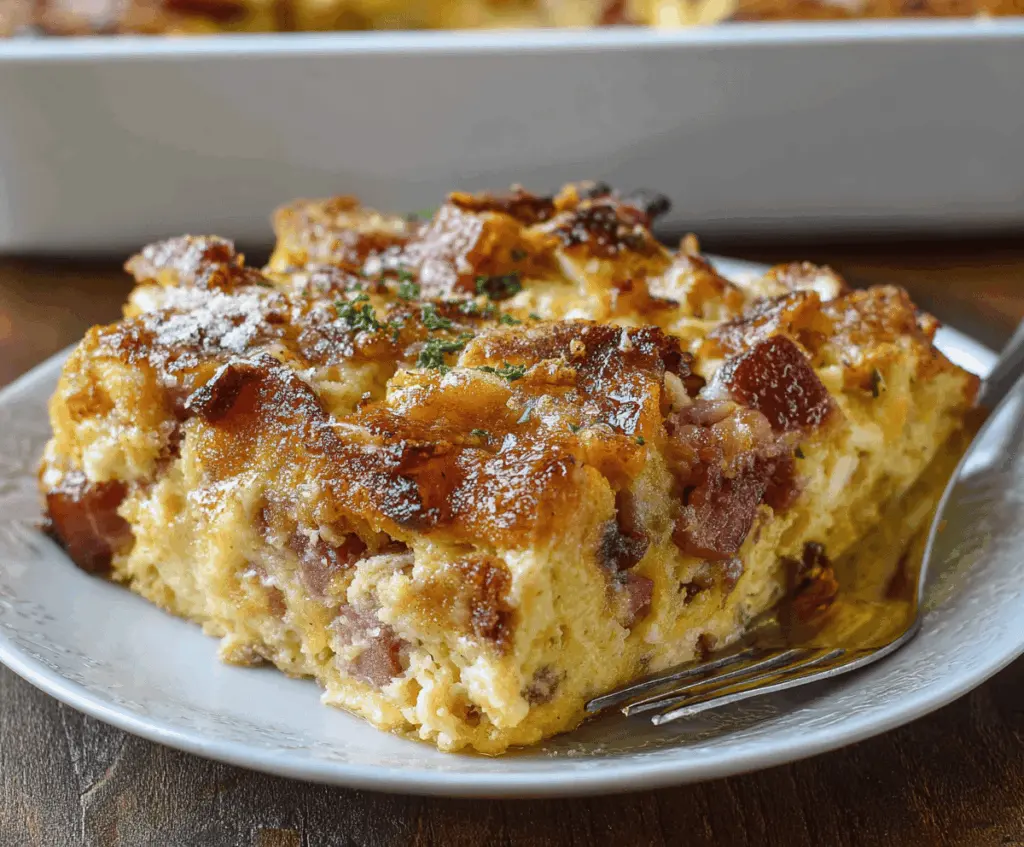 Delicious Monte Cristo Breakfast Casserole with melted cheese and crispy bread topping.