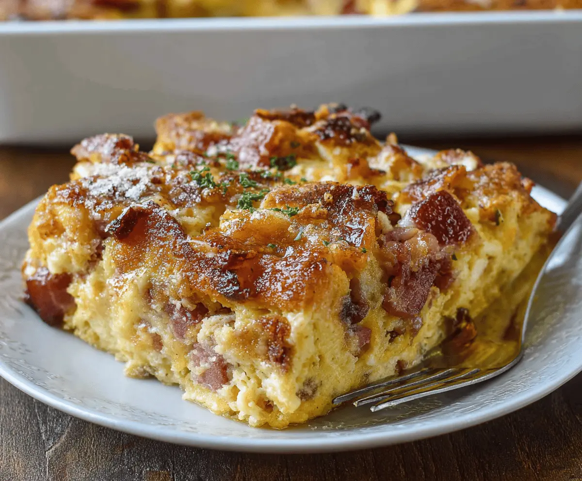 Delicious Monte Cristo Breakfast Casserole with melted cheese and crispy bread topping.