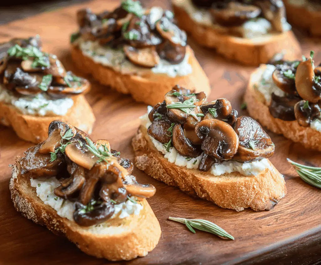 Delicious Mushroom Crostini with fresh herbs and melted cheese on toasted baguette slices